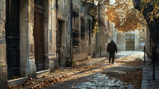 A solitary walk down a picturesque autumn street in Argentan, showcasing charming architecture and fallen leaves