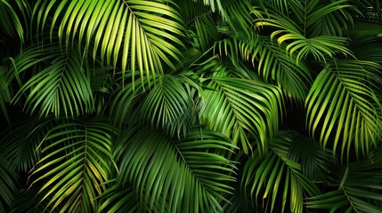 Dense green foliage of babassu palms thriving in a tropical environment under bright sunlight, showcasing vibrant textures and patterns