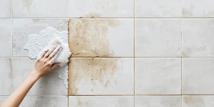 A hand cleaning dirty grout between bathroom tiles with foamy soap, showing the before and after effect of cleanliness and hygiene.