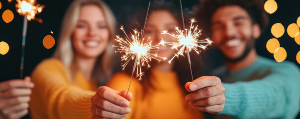 New Year 2025, friends forming a circle with sparklers, bright lights illuminating their smiles, flat design illustration