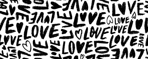 Crayon drawn various love words seamless pattern. Abstract chaotic pattern with words "love".