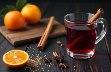 Traditional ingredients for making mulled wine: cinnamon sticks, nutmeg, cardamom, ginger root, star anise, kumquat, candied orange and lemon. A set of spices for making mulled wine