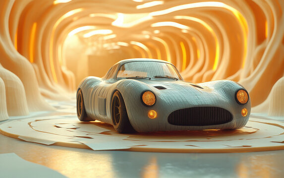 A vintage sports car in a futuristic tunnel with warm lighting in a creative setting