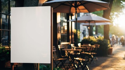 Charming outdoor café scene with blank signage ready for customer promotions in the glow of evening light
