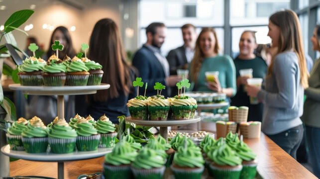 St. Patrick's Day Office Celebration with Green Cupcakes and Shamrock Decorations - Powered by Adobe