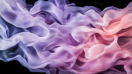 Obraz premium Purple and pink fabric drapes and flows on a black background. Abstract art illustration 