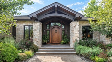 Fototapeta premium Modern Stone House with Wooden Door and Lush Garden