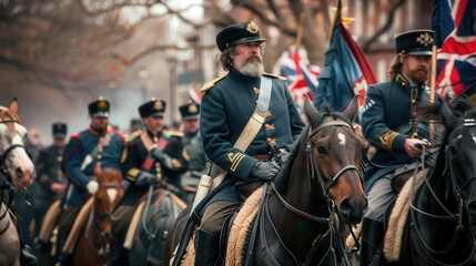 Civil War reenactors parade through a historic street in Carolina, showcasing traditional uniforms and equestrian skills during a vibrant autumn event