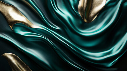 Fototapeta premium Green and gold fabric drapes in soft, flowing waves. Abstract art illustration 