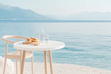 serene seaside setup featuring a small round white table with two wooden chairs, placed right at the edge of the water on a pebbled beach