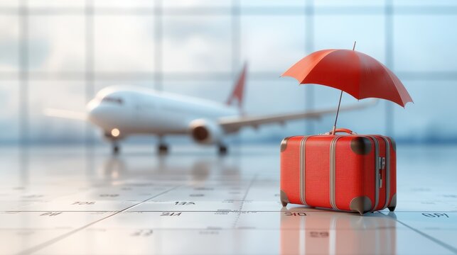 Airplane, suitcase and umbrella on white calendar background. Travel holiday or annual leave travel period for relaxation concept. Period of paid time off (PTO) granted to employees by their employer