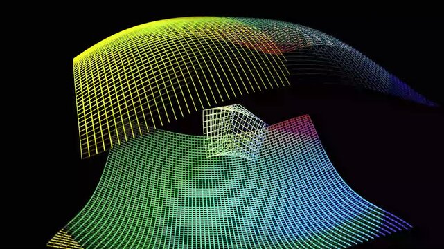 33 seconds of computer generated moving rotating spinning colorful wireframe mirror waves with central twisting wire cube on black background motion graphics animation screensaver HD video