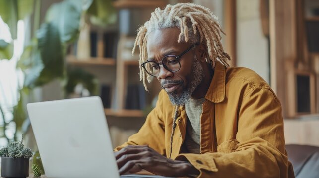 Albino african american man with dreadlocks working from home and making video call on the laptop - Powered by Adobe