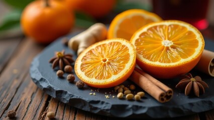 Traditional ingredients for making mulled wine: cinnamon sticks, nutmeg, cardamom, ginger root, star anise, kumquat, candied orange and lemon. A set of spices for making mulled wine