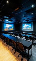 Naklejka premium Conference room with projector screens and chairs.