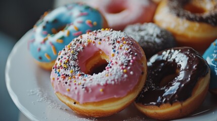 Colorful Donuts on a Plate with Sprinkles and Glaze