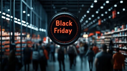 Hustle and rush during Black Friday sale concept. A busy retail environment features a prominent "Black Friday" sign signaling the peak shopping season with shoppers in the background