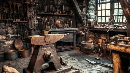 Antique Metalworking Tools in Rustic Workshop