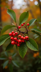 Obraz premium Bright red rowan berries on green leaves in fall colors 