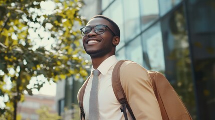 Fototapeta premium Business, happy and walking black man on city journey, commute trip and realtor smile on way to office building. Happiness, career expert and African real estate agent on morning travel in Nigeria