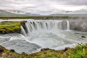 Akureyri, Iceland - August 9, 2024: Views of the Godafoss Falls in the region outside of Akureyri, Iceland
