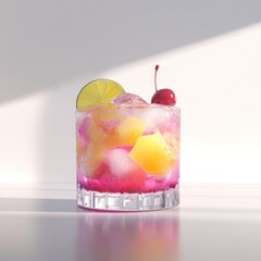 A vibrant cocktail with ice, fruits, and a cherry, served in a clear glass.