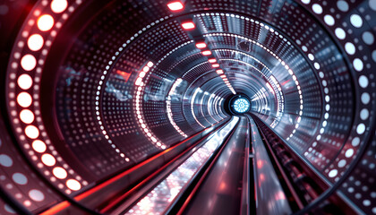 Fototapeta premium Mechanical tunnel background with shining circular and dot pattern light isolated with white highlights, png
