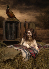 English Springer Spaniel and Pheasant Overlooking the Fields