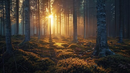 Obraz premium Sunlight filtering through trees in a serene forest during early morning, showcasing mist and rich greenery