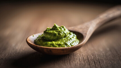 Pesto sauce on a wooden spoon.