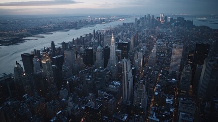 Fototapeta premium New York City Skyline at Dusk with City Lights