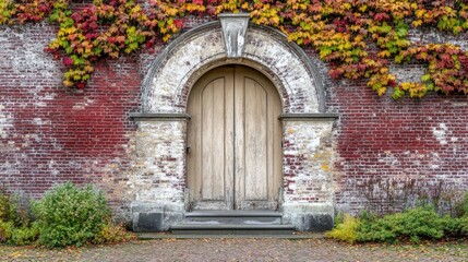 Rustic Doorway with Colorful Ivy on Brick Wall