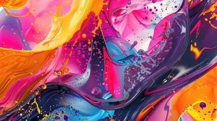 Dynamic abstract art with flowing liquid paint in vivid colors like pink, orange, and purple, creating a lively, modern visual effect.