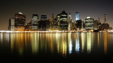 Obraz premium Nighttime City Skyline Reflection Over Water