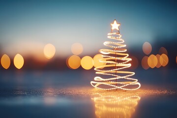 Spiral light Christmas tree with star on blurred background