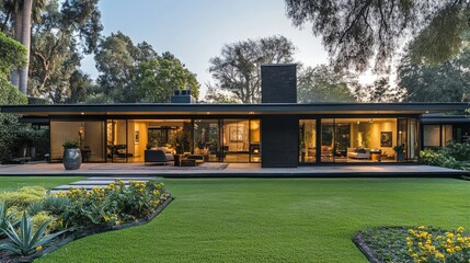 Fototapeta premium Modern Home Exterior with Lush Landscaping at Dusk