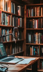Laptop, microphone, bookshelves, and a wooden desk.