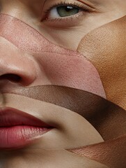 Fototapeta premium A woman's face covered in different shades of makeup, including brown and tan.