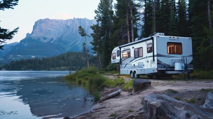 A cozy fifth wheel trailer parked by a serene lake surrounded by tall trees and mountains during twilight in a picturesque natural setting