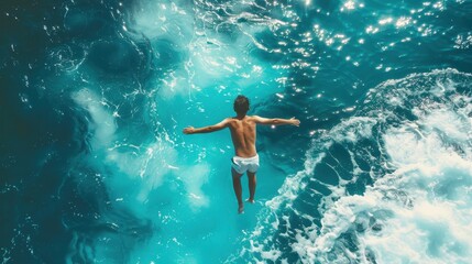 A boy joyfully diving into clear blue ocean waters from a rocky cliff during a bright, sunny day, surrounded by vibrant waves