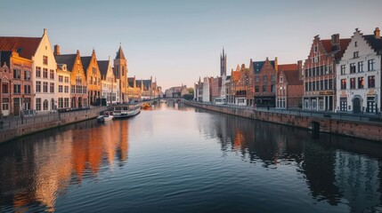 Picturesque view of Bruges at sunset showcasing historic architecture and the tranquil canals reflecting warm golden hues