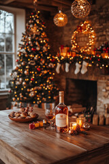 Cognac Bottle and Glass on Wooden Table by Christmas Tree