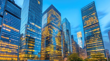 Modern Urban Skyline at Dusk with Illuminated Windows