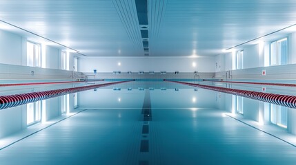 A swimming pool lane dividers with floating markers, indoor setting with overhead lighting, Reflective style