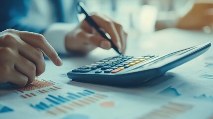Business team meeting using calculator Work with charts and analyze business strategies. financial statistics sitting at the desk, Concept meeting.