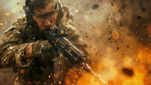 A military soldier engaged in intense combat action during a dynamic firefight in a war-torn environment