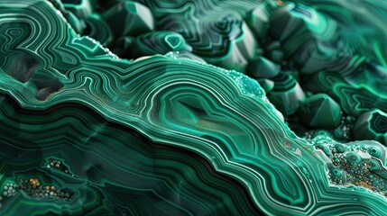 Fototapeta premium Close-up of green malachite stone showcasing swirling mineral layers with gold veins, capturing its rich, vibrant patterns and textures.