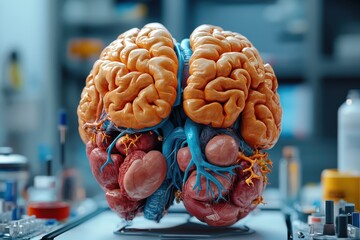 Detailed anatomical model of the human brain on a laboratory table with various scientific equipment