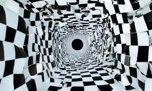 A mesmerizing tunnel of distorted checkerboard patterns leading to a dark abyss.