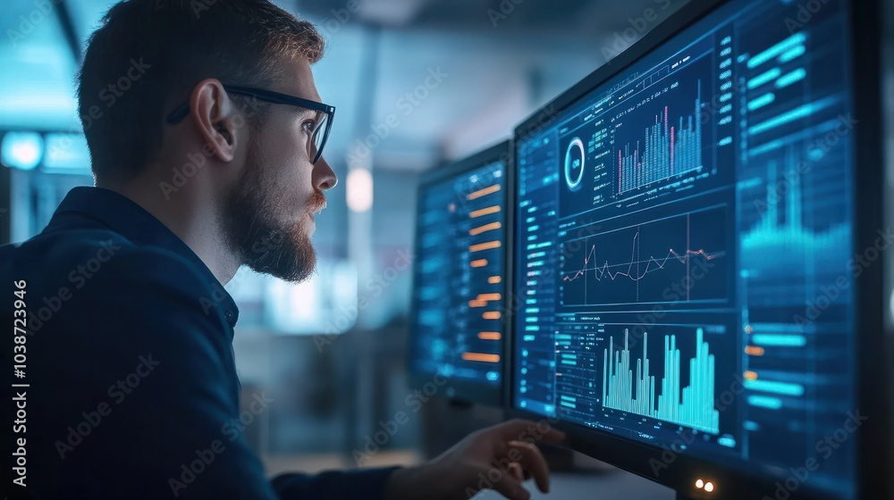 Poster businessman is analyzing data on a computer screen, focusing on charts and graphs.